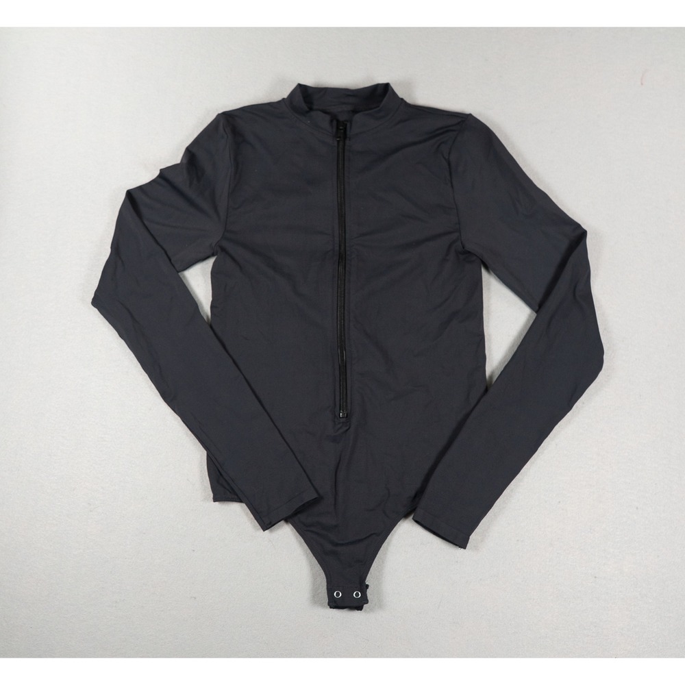 Skims Womens Bodysuit Mock Neck Zip Front Long Sleeve Black Size M Thong